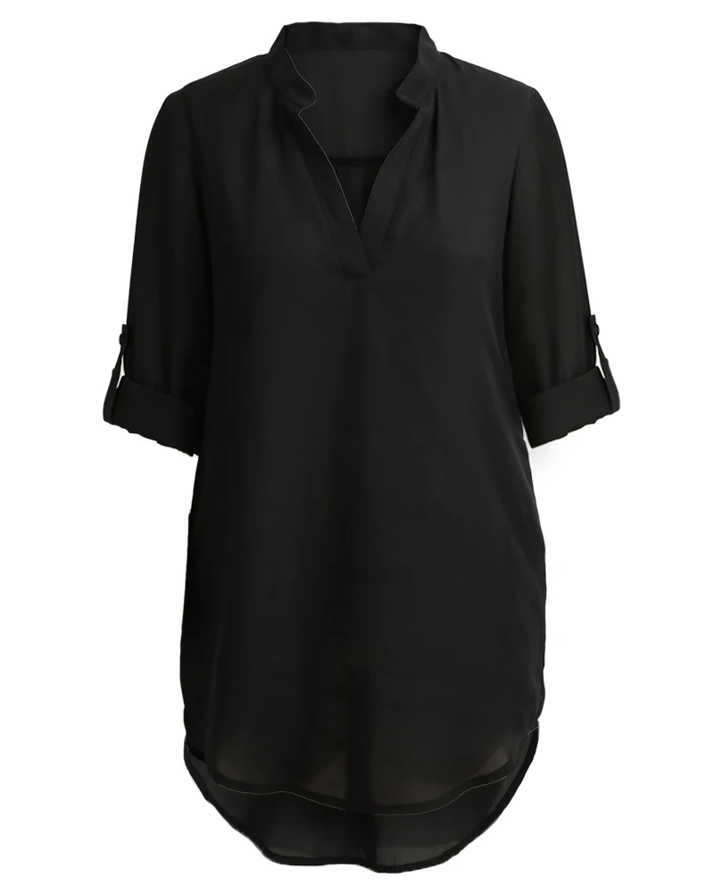 Plus Size - Chiffon Blouse Shirt V Neck Pockets Roll Up Long Sleeve Asymmetrical Shirt (Us 12-22W)