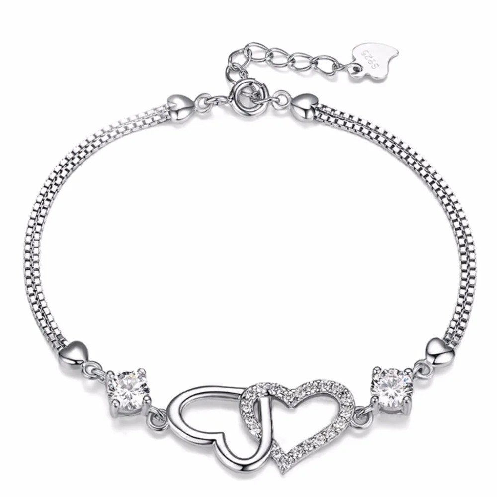 Simple Double Heart Charm Bracelet For Women Love Heart with White Crystal Bracelets Silver Color Metal Fashion Jewelry Gifts
Simple Double Heart Charm Bracelet For Women Love Heart with White Crystal Bracelets Silver Color Metal Fashion Jewelry Gifts