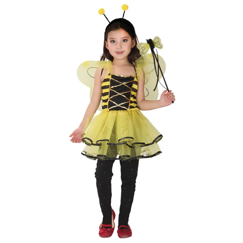 

Girls Honey Bee Dress Child Insect Cosplay With Wings Fancy Kids Halloween Yellow Party Costume Gift Tower Princess Dresses