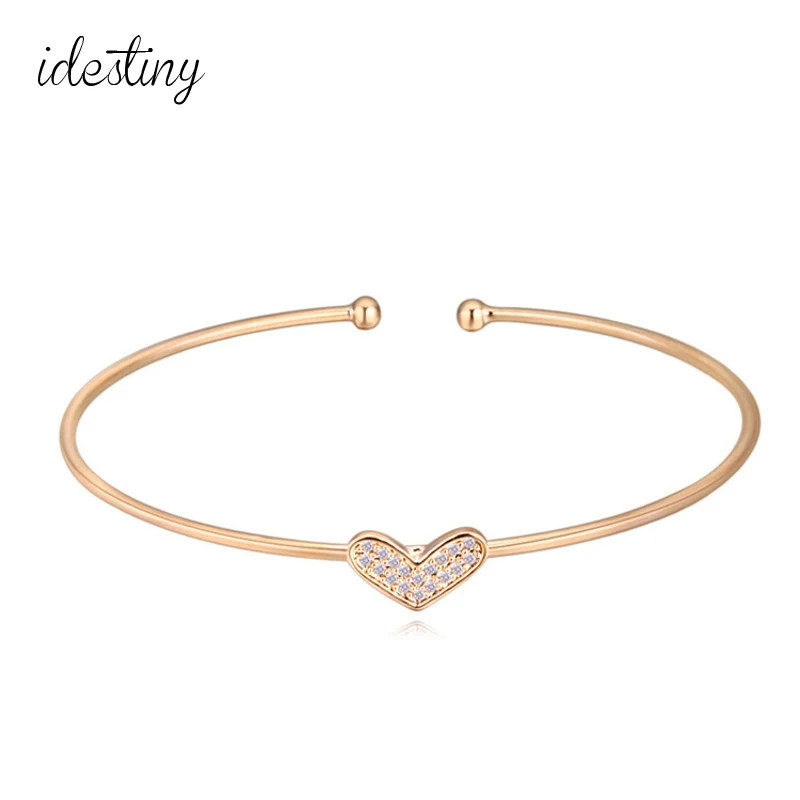 11.11 Latest heart shape bangle micro paved with cubic zircon thin gold color bracelets for women daily accessories gift | Украшения и