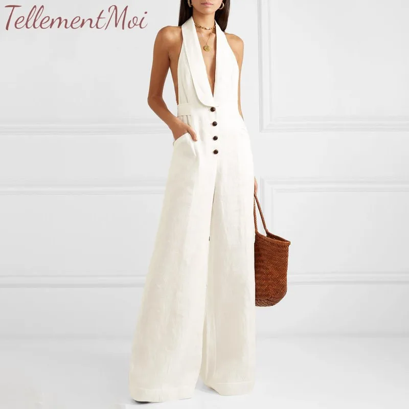 Jumpsuits Women Solid Off Shoulder Sleeveless Jumpsuit Female Deep V Halter Button High Waist Wide Leg Pants Romper Fashion 2019
Jumpsuits Women Solid Off Shoulder Sleeveless Jumpsuit Female Deep V Halter Button High Waist Wide Leg Pants Romper Fashion 2019