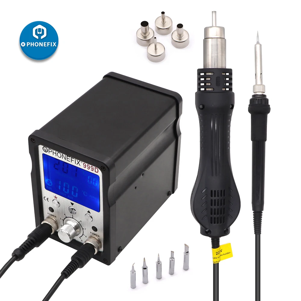 PHONEFIX 999D Soldering station 60W soldering iron 750W hot air gun bga rework station smd rework Electronic circuit repair tool
PHONEFIX 999D Soldering station 60W soldering iron 750W hot air gun bga rework station smd rework Electronic circuit repair tool