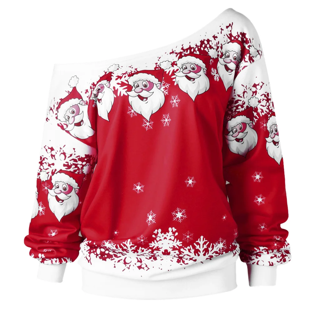 

Wipalo Christmas Plus Size 5XL Santa Claus Skew Collar T-Shirt Casual Snowflake Print Pullover Sweatshirt T Shirt Autumn Top