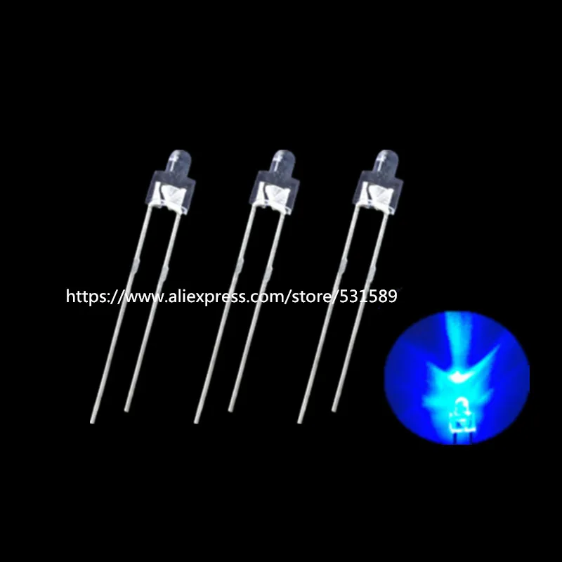 1000PCS 2MM DIP LED Lamp long legs Blue Tower package flat top led 3.0-3.4V