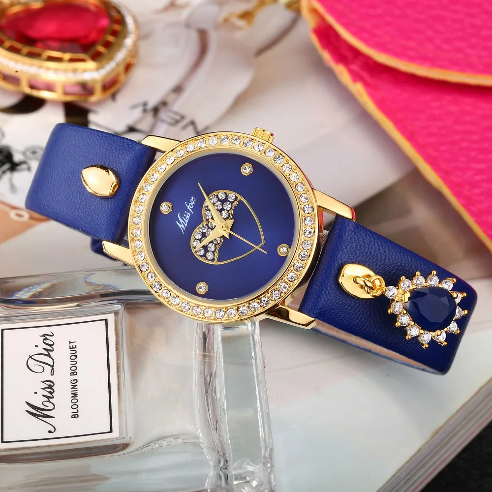 Для женщин часы Missfox Relojes Para Mujer сердце лицом кожа золотые наручные Bling Синий