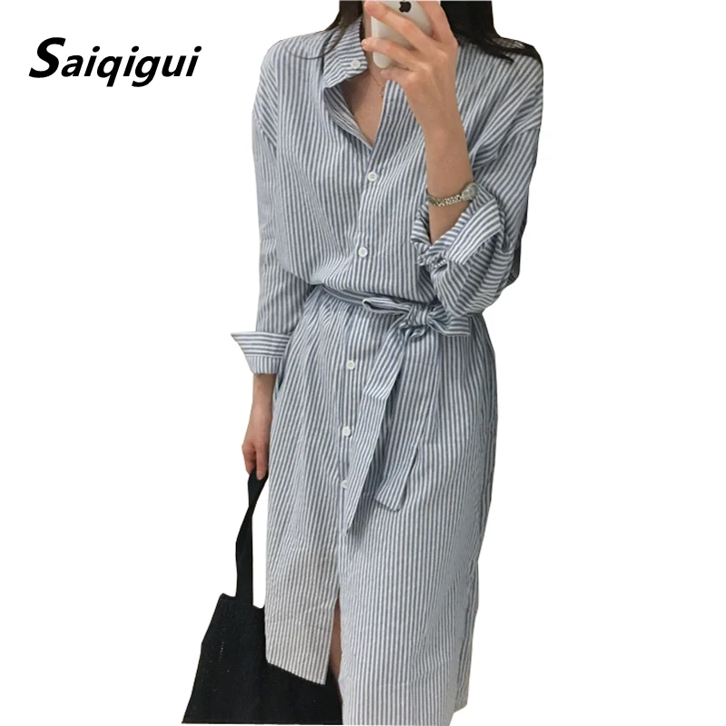 Saiqigui 2019 spring Autumn Dress Women Korean Style Striped Shirt Dress With Belt casual loose slim Midi Dress vestidos
Saiqigui 2019 spring Autumn Dress Women Korean Style Striped Shirt Dress With Belt casual loose slim Midi Dress vestidos