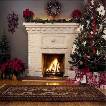 

Indoor White Brick Fireplace Christmas Backdrop Vinyl Decorated Green Pine Tree Merry Xmas Holiday Party Photo Booth Background