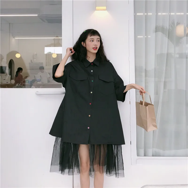 Tulle Mesh Patchwork Dress Women Lapel Collar Bat Short Sleeve Oversize Shirt Dresses Female Korean Colorful Buttons Vestidos
Tulle Mesh Patchwork Dress Women Lapel Collar Bat Short Sleeve Oversize Shirt Dresses Female Korean Colorful Buttons Vestidos