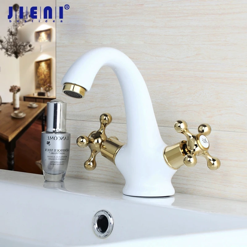 White Painting Bathroom Taps Bathroom Sink Vanitity Basin Faucet torneira Mixer Taps Golden Plated Double Handles
White Painting Bathroom Taps Bathroom Sink Vanitity Basin Faucet torneira Mixer Taps Golden Plated Double Handles