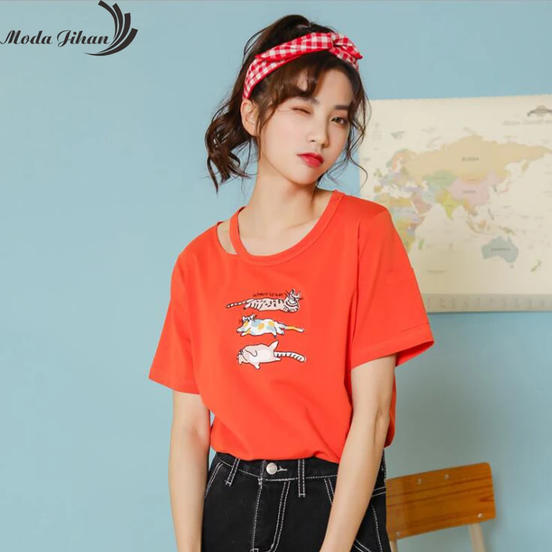Женская хлопковая Футболка Moda Jihan футболка с вырезом и коротким рукавом в