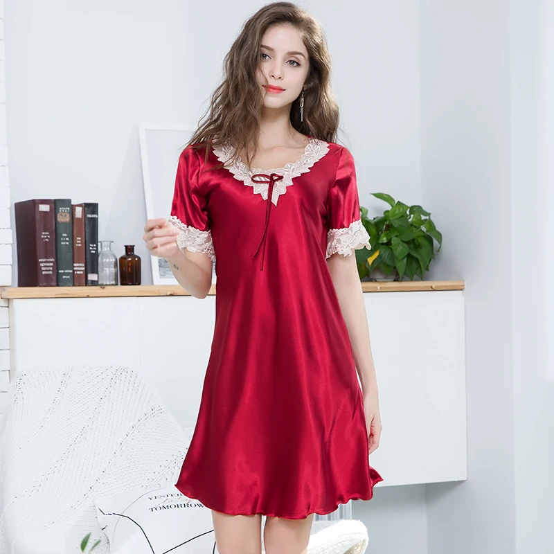 

New Lady Short Sleeve Nightdress Female Nightgown Rayon Mini Sleepwear Summer Home Dress Satin Sleep Shirt Negligee M-XL
