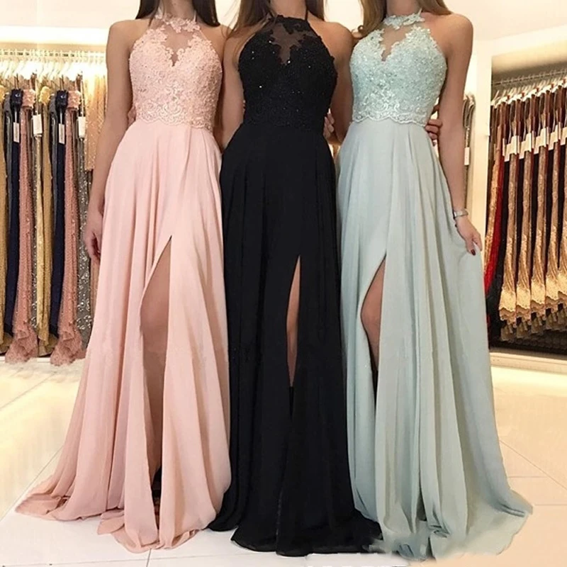Elegant Halter Lace Prom Gowns 2019 Long Chiffon Evening Gown With Front Slit Free Custom Made Formal Party Maxi Dresses
Elegant Halter Lace Prom Gowns 2019 Long Chiffon Evening Gown With Front Slit Free Custom Made Formal Party Maxi Dresses