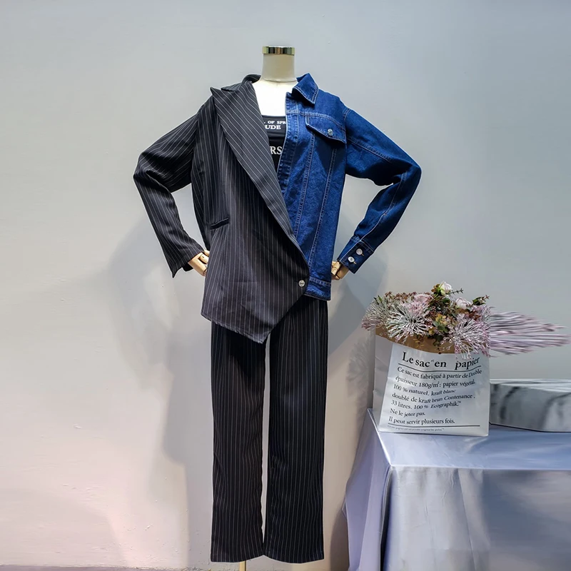 Fashion Casual Women's Sets Autumn New 2019 Denim Stitching Stripe Suit Jacket Wild Europe Long Pants Two Pieces Female
Fashion Casual Women's Sets Autumn New 2019 Denim Stitching Stripe Suit Jacket Wild Europe Long Pants Two Pieces Female