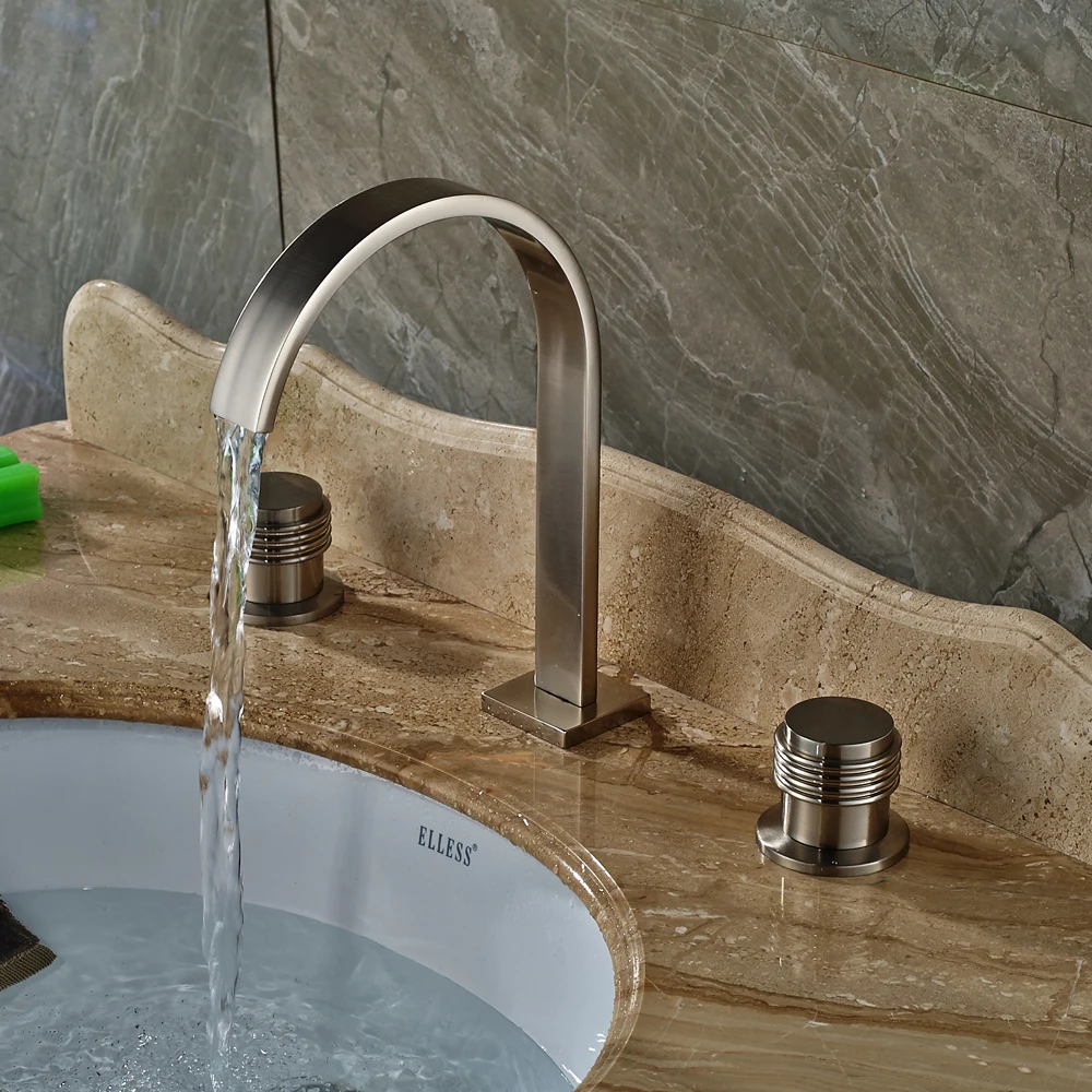 High Arc Style Bathroom Sink/Tub Faucet Widespread 3pcs Mixer Tap Nickel Brushed Finished