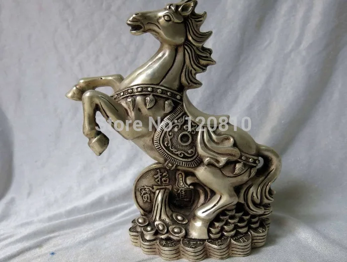 9" China silver Feng Shui lucky Wealth and fortune horse Sculpture Statue