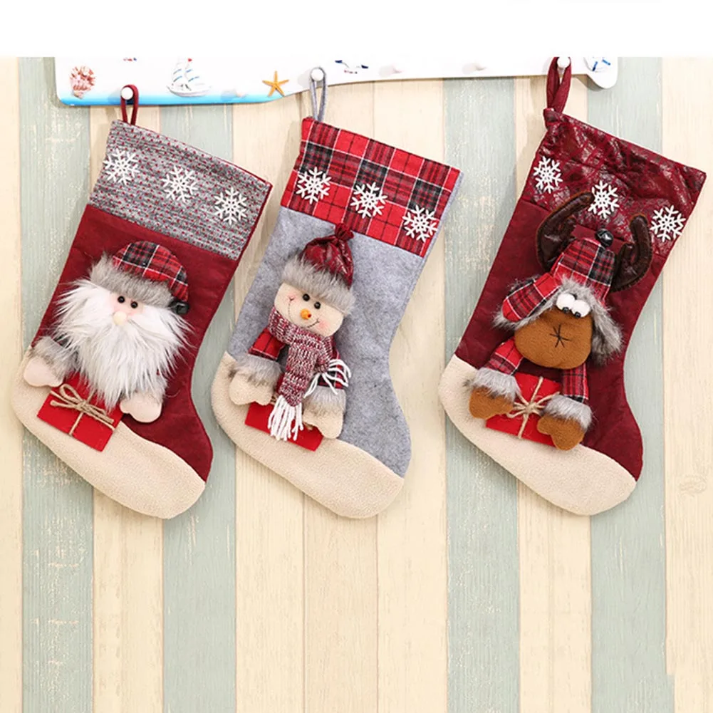 Image 1 Pcs Large Size Village Style Christmas stockings Candy Gift Bags Holders Xmas Decoration Supplies Santa Claus Gift Bag Socks