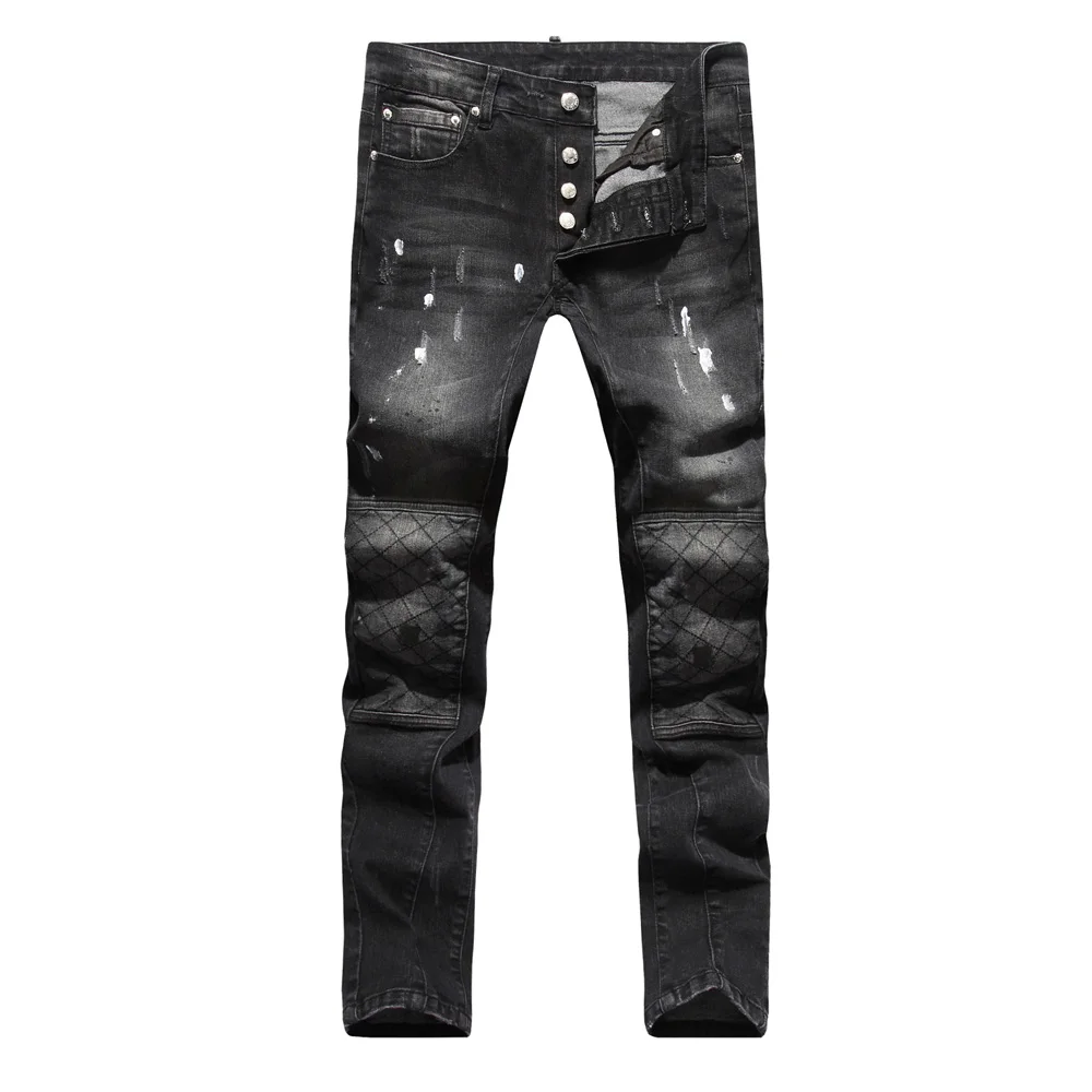 Men Jeans Fashion Design Biker Jeans For Men Hip Hop Black Button Fly Motorcycle Jeans E2037