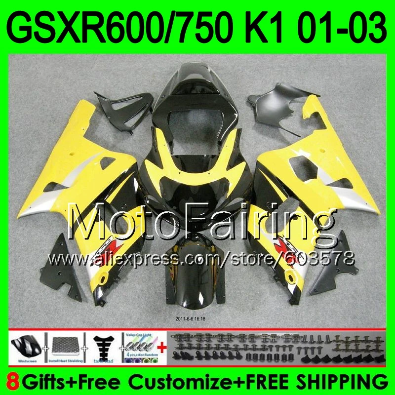 

+Cowl For SUZUKI GSXR600 GSXR750 Yellow black K1 GSXR 600 750 #4127 GSX R600 R750 01 02 03 2001 2002 2003 Fairing Stock black