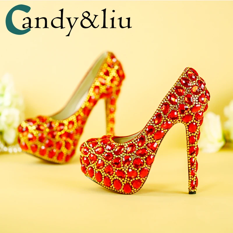 Women Shoes Wedding Dress Bridal Shoes Big Red Crystal High Heels Rhinestone Heels Golden Striate Collaterals Glittering Party
Women Shoes Wedding Dress Bridal Shoes Big Red Crystal High Heels Rhinestone Heels Golden Striate Collaterals Glittering Party