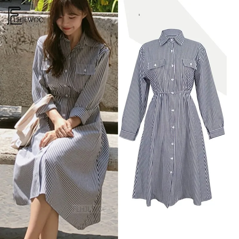 Autumn Fall Design Dresses Women Long Sleeve Cute Sweet Girls Preppy Styel Korean Pocket Striped Button Shirt Dress Long
Autumn Fall Design Dresses Women Long Sleeve Cute Sweet Girls Preppy Styel Korean Pocket Striped Button Shirt Dress Long