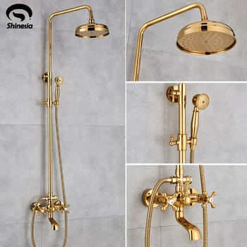 Bathroom Faucets Luxury Gold Brass Bathroom Faucet Mixer Tap Wall Mounted Hand Held Shower Head Bathtub Spout Shower Faucet Sets
Bathroom Faucets Luxury Gold Brass Bathroom Faucet Mixer Tap Wall Mounted Hand Held Shower Head Bathtub Spout Shower Faucet Sets