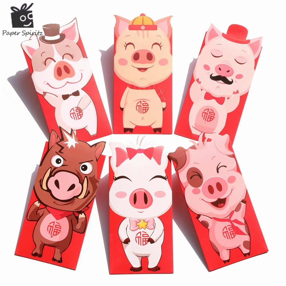 

Paper Spiritz 2019 New Year Pet Pig Red Paper Envelope for Chinese Spring Festival Red Packet Money Gift Wedding 6pcs/lot