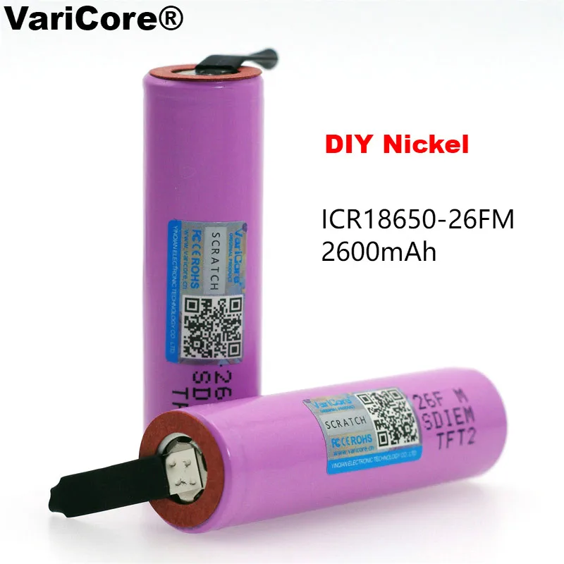

VariCore Original protected 18650 3.7V 2600mAh rechargeable battery for Samsung batteries ICR18650-26F Industrial use+DIY Nick