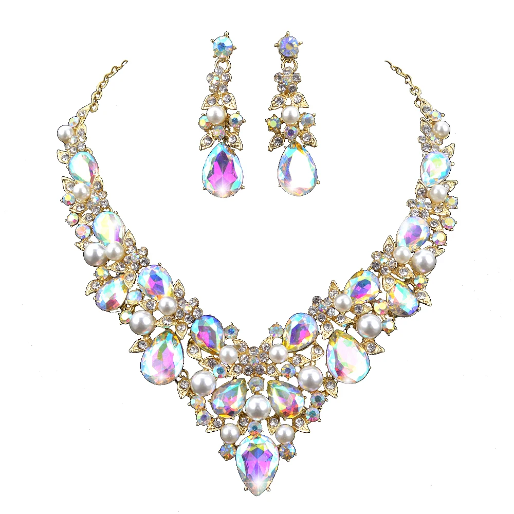 Delicate Crystal and pearl AB color fashion Jewelry set for bridal wedding necklaces dangle earring Women party Jewellery | Украшения и