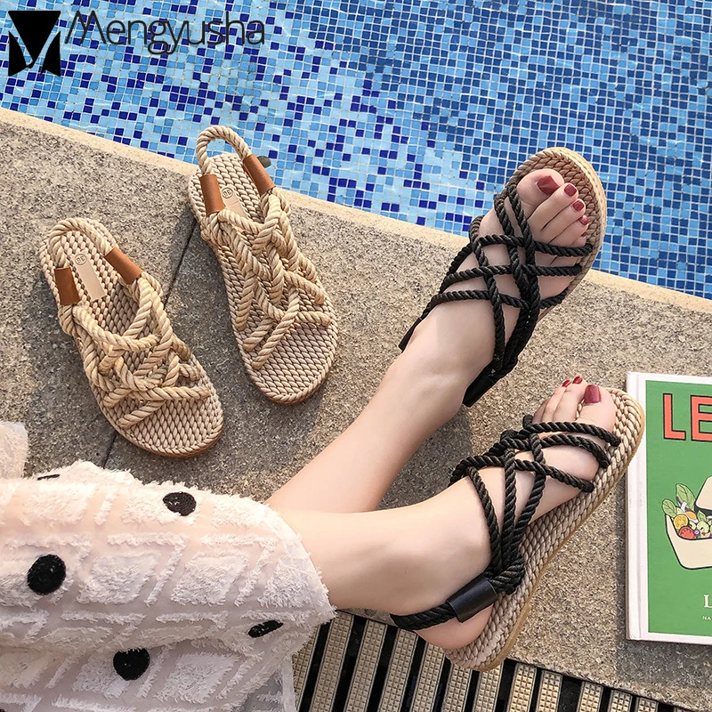 Rope Straw shoes woman sandalias beach pool 2019summer slingback handmade retro women cross rope knitted gladiator sandals | Обувь