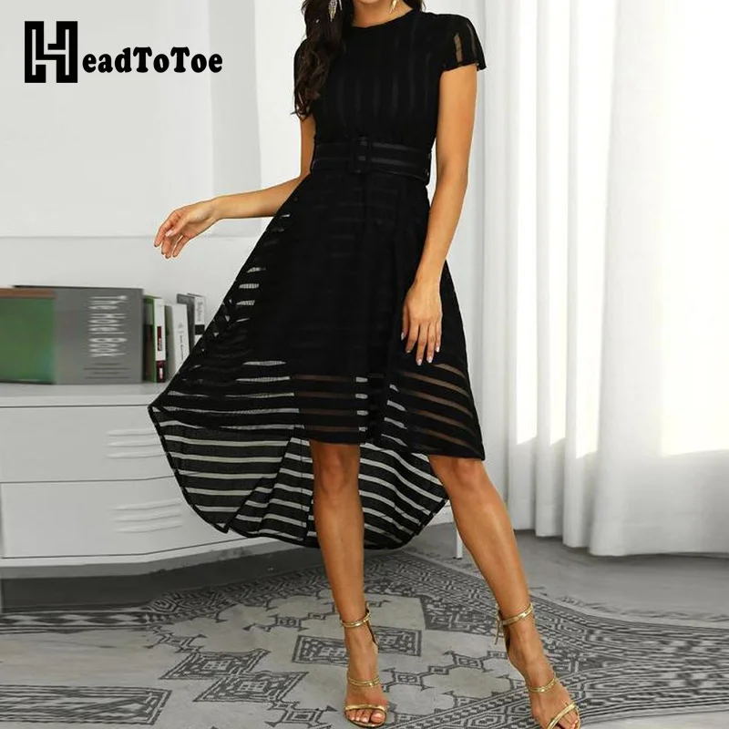 Women Mesh Insert Belted Dip Hem Dress Summer Short Sleeve Round Neck Elegant Swing Midi Dress Ladies Office Work Casual Dress
Women Mesh Insert Belted Dip Hem Dress Summer Short Sleeve Round Neck Elegant Swing Midi Dress Ladies Office Work Casual Dress