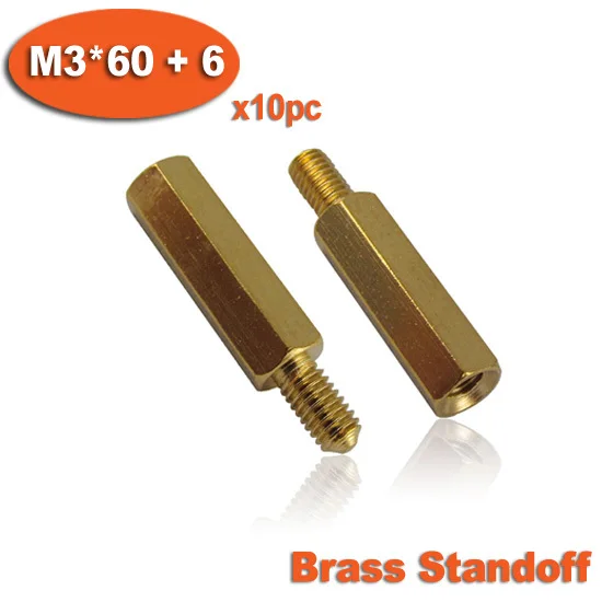 

10pcs Male To Female Thread M3 x 60mm + 6mm Brass Hexagon Hex Standoff Spacer Pillars
