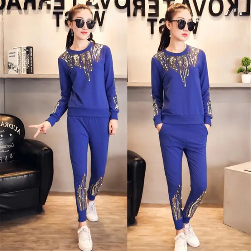 2019 new ladies spring and autumn fashion casual long-sleeved sequins beaded sweater + pants ladies sportswear two piece set TB 
2019 new ladies spring and autumn fashion casual long-sleeved sequins beaded sweater + pants ladies sportswear two piece set TB