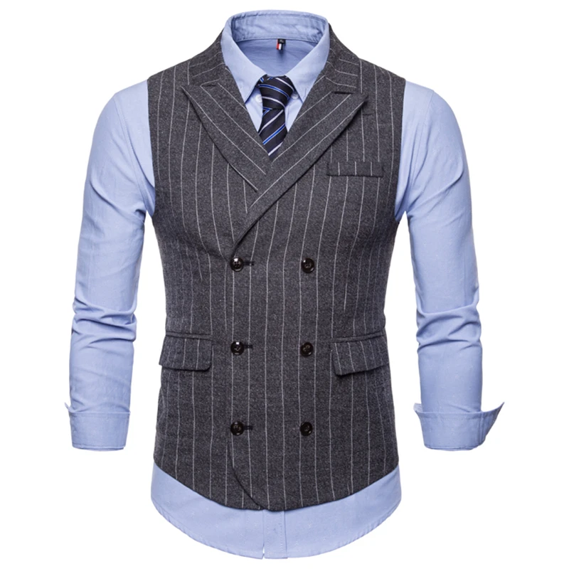 Mens Sleeveless Suit Vest 2019 Autumn and Winter New Retro Peak-lapel Stripe Male Casual Double-breasted Waistcoat
Mens Sleeveless Suit Vest 2019 Autumn and Winter New Retro Peak-lapel Stripe Male Casual Double-breasted Waistcoat
