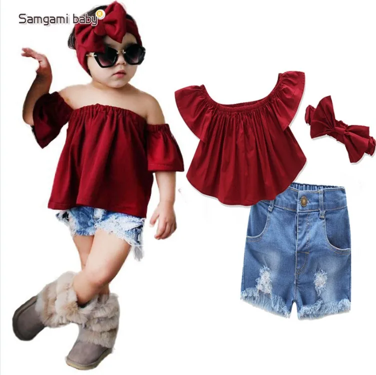 Baby Girls pants Dark Red Tops+Denim Shorts +headband 3pcs Set 2018 new Summer Casual Clothes Set Children Clothing kisa suits
Baby Girls pants Dark Red Tops+Denim Shorts +headband 3pcs Set 2018 new Summer Casual Clothes Set Children Clothing kisa suits
