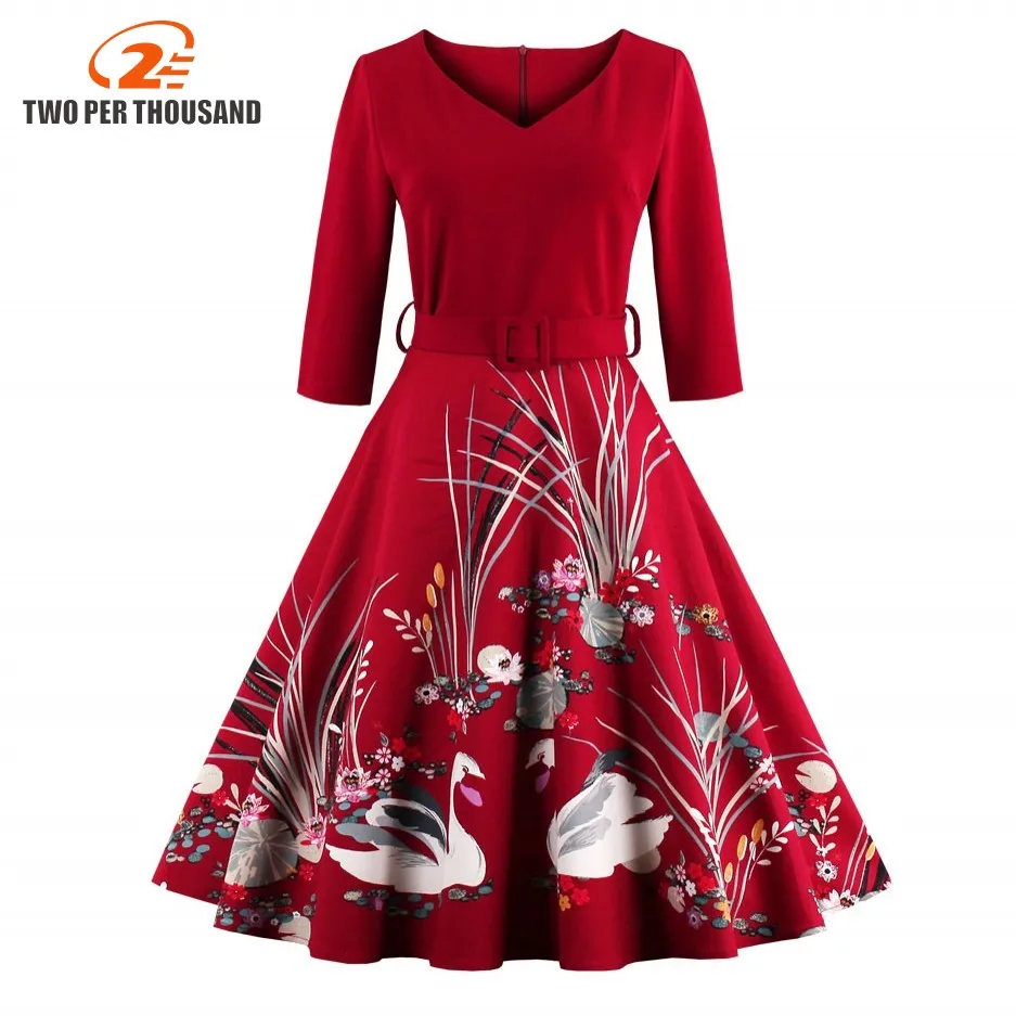 2018 Elegant Red Swan Print 50s 60s Vintage Dress V Neck 3/4 Sleeved High Waist Belts Zipper Swing Party Retro Feminino Vestidos
2018 Elegant Red Swan Print 50s 60s Vintage Dress V Neck 3/4 Sleeved High Waist Belts Zipper Swing Party Retro Feminino Vestidos