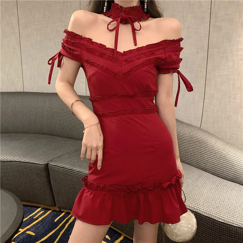 Sexy Mini Dress 2019 Spring Summer New Fashion Off Shoulder Choker Dress Slash Neck Slim Pencil Dress Ruffled Nightclub Vestidos 
Sexy Mini Dress 2019 Spring Summer New Fashion Off Shoulder Choker Dress Slash Neck Slim Pencil Dress Ruffled Nightclub Vestidos