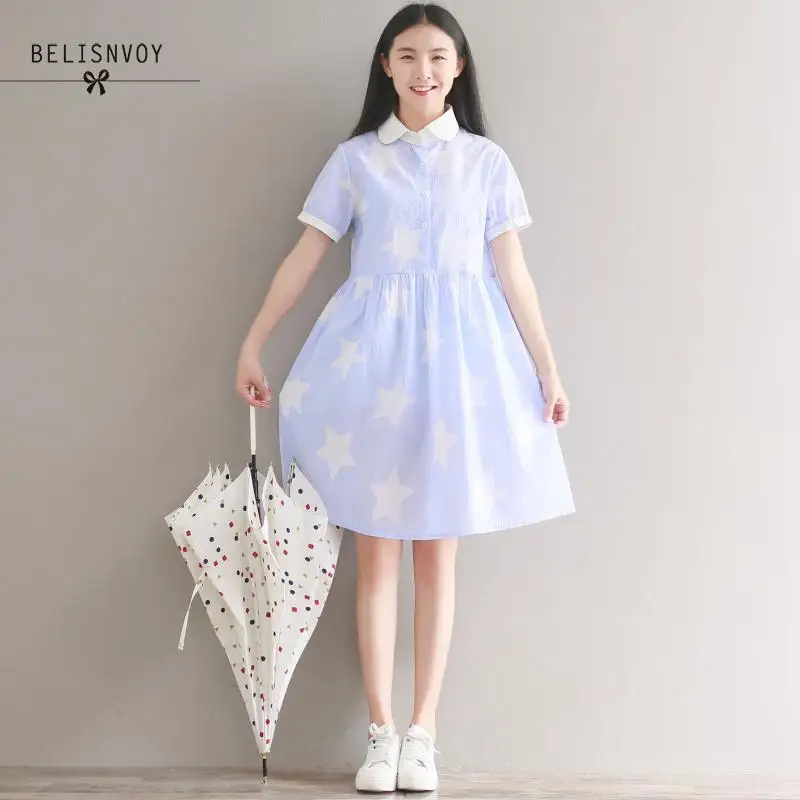 Mori Girl Summer Women Dress Pentagram pattern Striped Casual Female Vestidos Short Sleeve Cotton Line Blue Cute Kawaii Dress
Mori Girl Summer Women Dress Pentagram pattern Striped Casual Female Vestidos Short Sleeve Cotton Line Blue Cute Kawaii Dress