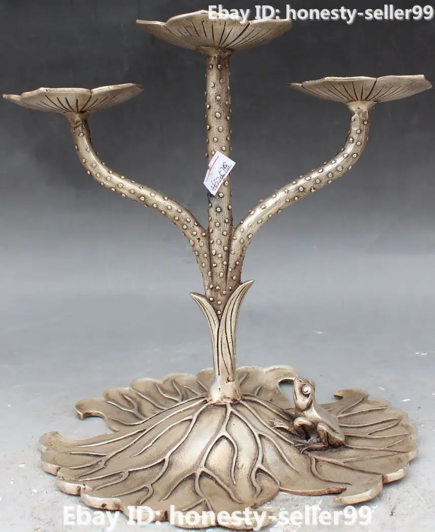 11" Chinese Fengshui Silver Lotus Leaf Frog Candle Holder Candlestick Statue Healing Medicine Decoration 100% Brass Bronze
11" Chinese Fengshui Silver Lotus Leaf Frog Candle Holder Candlestick Statue Healing Medicine Decoration 100% Brass Bronze