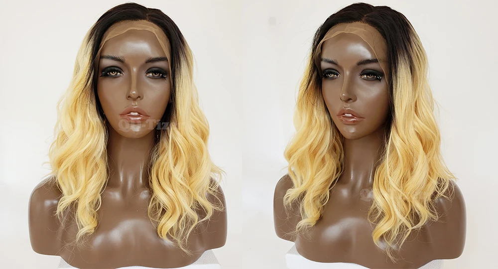 QD-Tizer BLonde Bob Hair Wig Short Wavy Synthetic Lace Front Wig Glueless Ombre Blonde Lace Front Wigs For Black Women 6