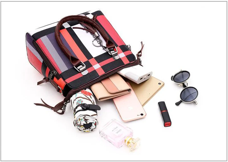 Women's Handbag Plaid with tassel Set of 4 pieces (TWH25) Handbag 23 x 12 x 25 Shoulder bag 14 x 7 x 20 Coin holder Card holder