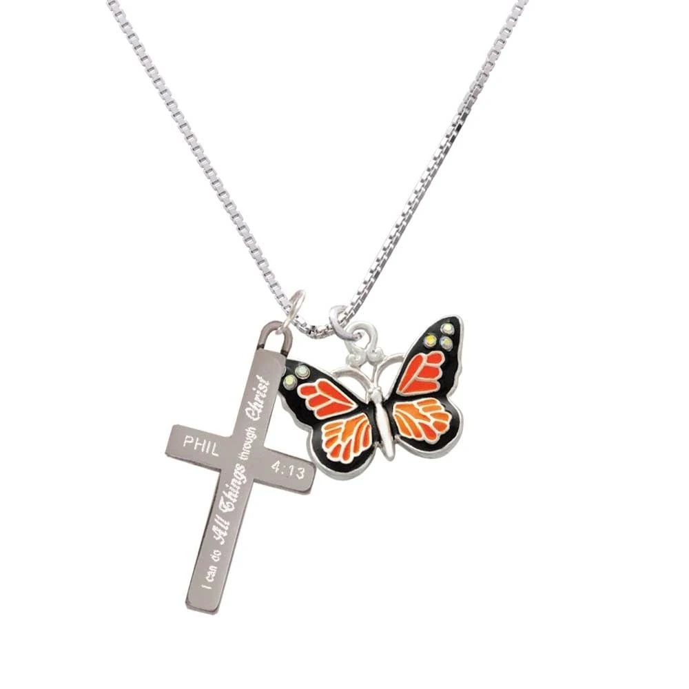 Large Monarch Butterfly with 6 AB Crystals - I Can Do All Things - Cross Necklace
