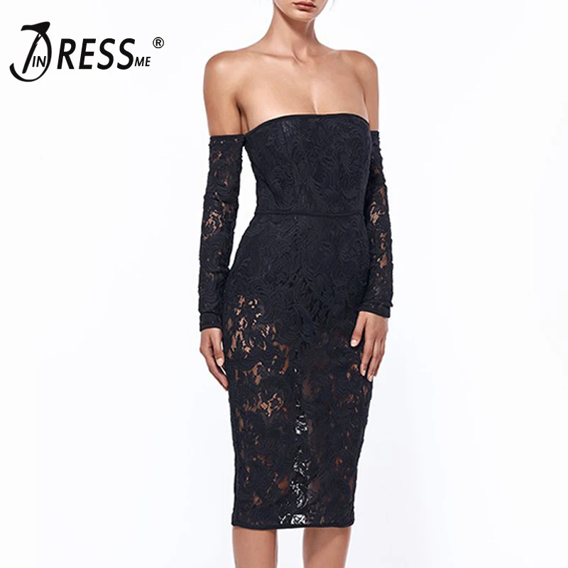 INDRESSME элегантное кружевное черное осеннее женское Бандажное платье сексуальное