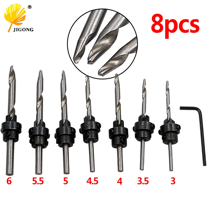 Фото 7pcs Countersink Drill Set 1/8" 9/64" 5/32" 11/64" 3/16" 13/64" 7/32" Woodworking + 1pc Small Wrench |