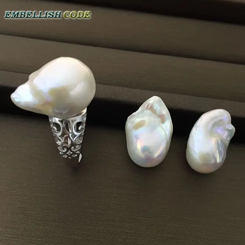 

Adjustable size Resize baroque pearl ring stud earrings set Retro hyperbole white Lustrous fire ball shape for women