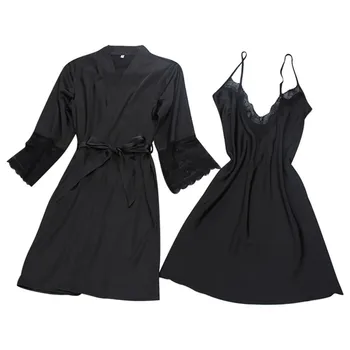 Women Sexy Satin Fashion Lace Patchwork Sleepwear Sling Robe Long Sleeve Set fashion summer chiifon dress set 40mi01
Women Sexy Satin Fashion Lace Patchwork Sleepwear Sling Robe Long Sleeve Set fashion summer chiifon dress set 40mi01