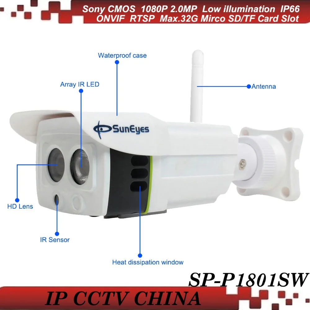

SunEyes SP-P1801SW 1080P IP Camera Wireless Outdoor 2.0MP Full HD Array IR 25M SD/TF Card Slot Two Way Audio Line Port