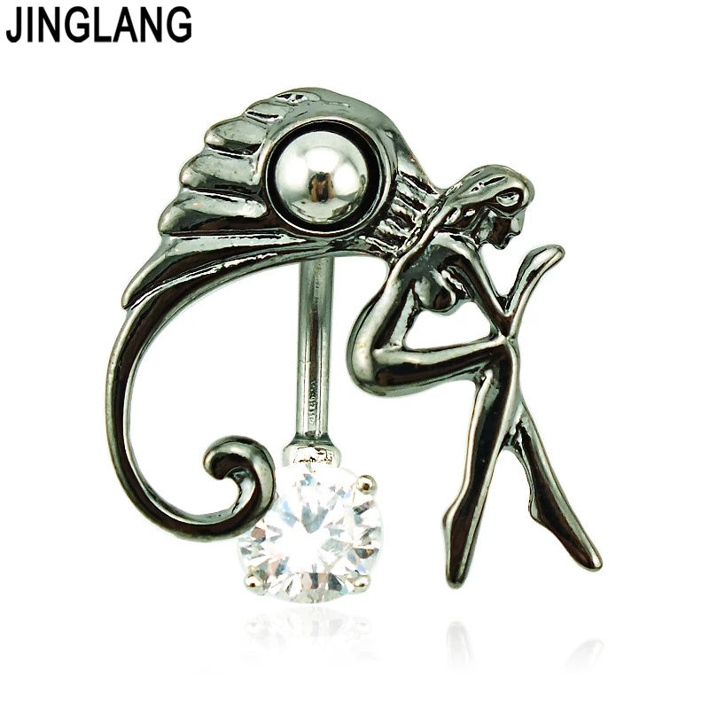 

JINGLANG Brand New Belly Button Rings Surgical Steel White Gem Barbell Black Wing Angel Navel Body Piercing Jewelry