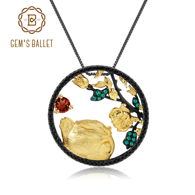 Фото GEM'S BALLET Natural Red Garnet Gemstone Zodiac Jewelry Tiger Sniffs The Rose 925 Sterling Silver Pendant Necklace For Women | Украшения