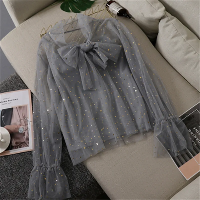 2019 spring new women sequined blouse lace see-through sexy lady elegant solid shirts slim bow ruffles tops PZ1040
2019 spring new women sequined blouse lace see-through sexy lady elegant solid shirts slim bow ruffles tops PZ1040