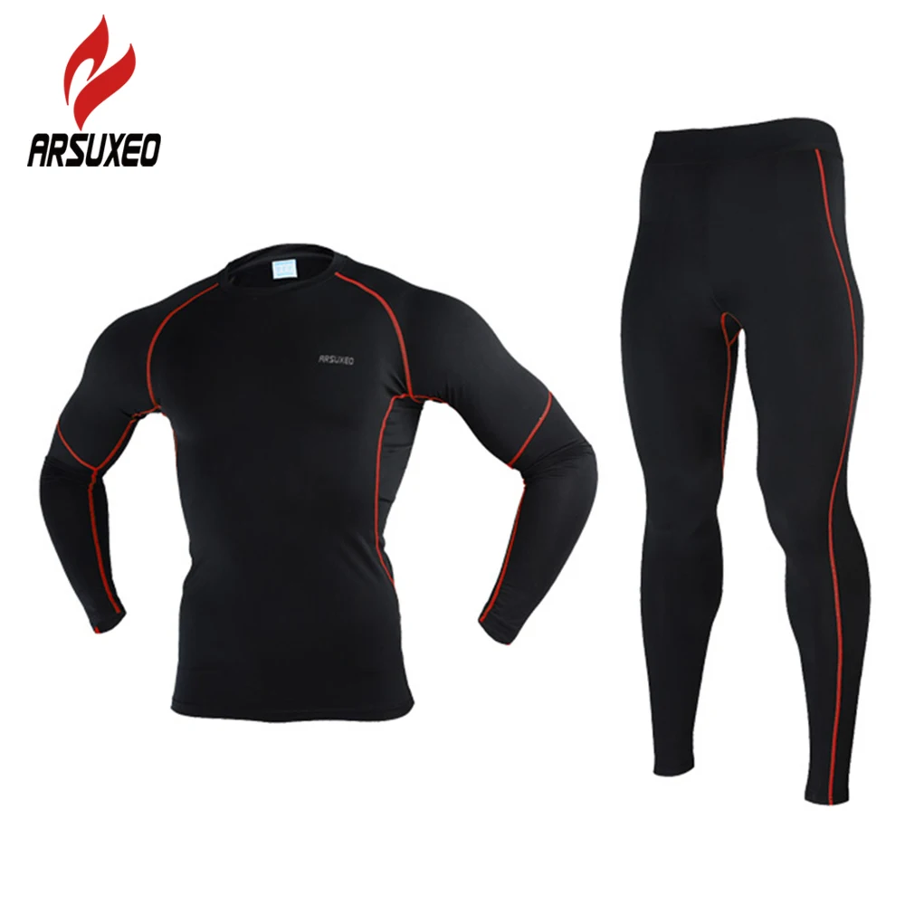 Image 2016 NEW ARSUXEO Men Winter Thermal Warm Up Fleece Compression Cycling Base Layers Shirts Running Sets Jersey Sports Suits